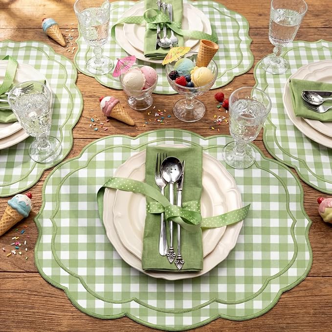 Breling Set of 6 Green Gingham Placemats Scalloped Embroidered Cotton Linen Placemats 17" x 13" Double Layered Machine Washable Table Place Mat for Wedding Birthday Baby Shower Party Table Decor