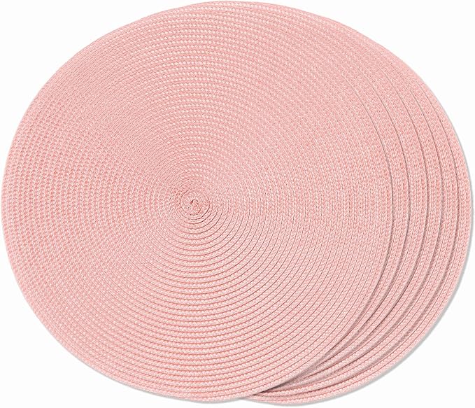 FunWheat Round Braided Placemats Set of 6 Place Mats for Dining Tables Woven Washable Non-Slip Table mats 15 inch(Pink, 6pcs)