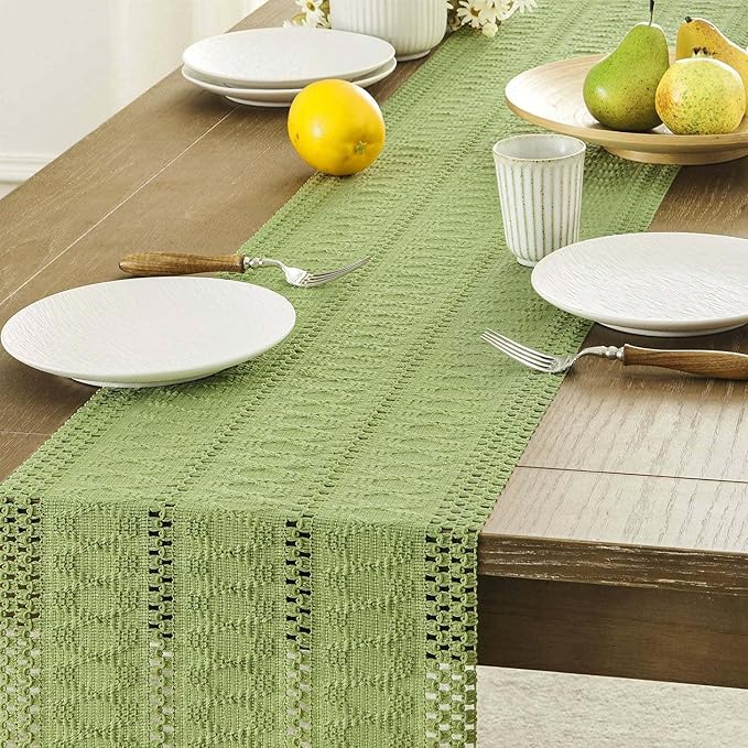 ZeeMart Macrame Style Boho Table Runner, Sage Green Table Runners 60 Inches Long, Farmhouse Woven Home Decor, 12x60 Inch, Green