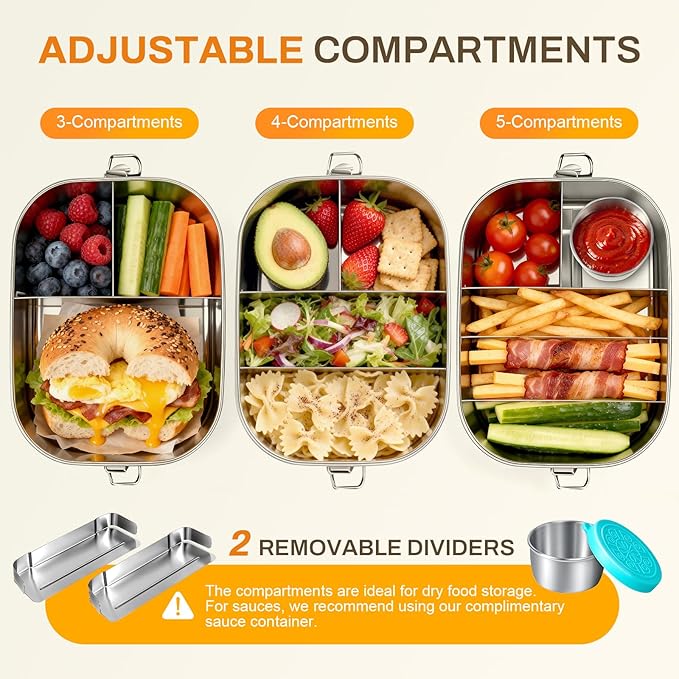 Anatole 304 Stainless Steel Bento Box 49oz 1450ml Leak-Proof Lunch Box 3 Compartments with 2 Removable Dividers 1 Sauce Container BPA Free Dishwasher Safe Food Container for Adults Work Travel