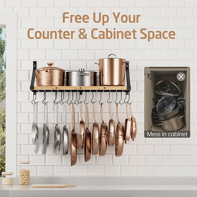 KES Pot Rack Wall Mounted 34 Inch, Pot and Pan Hanging Rack with 20 Sturdy Hooks, Solid Wood Pot and Pan Hanger Organizer, Matte Black, KUR529S85A-BK