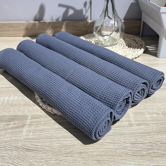 PY HOME & SPORTS Dish Towels Set - 17 x 25 Inches 4 Pieces Grey 100% Cotton Waffle Weave Kitchen Towels, Absorbent Kitchen Hand Dish Cloths for Cleaning and Drying