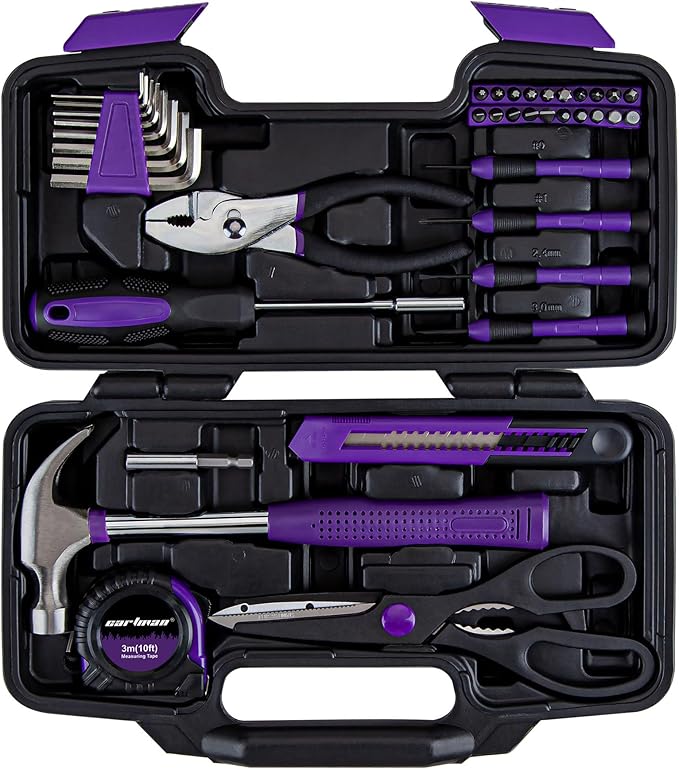 CARTMAN 39-Piece Home Tool Set Kit, Essential Household Hand Tools with Plastic Storage Case, Purple