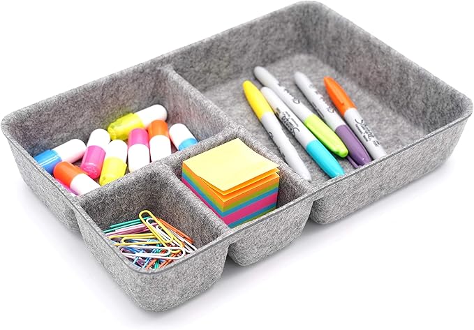Welaxy Junk Drawer Organizer bin 4 Compartments Office Organizers Bins Felt Trays Drawers 2 dividers Multi-Purpose Storage (Grayx2)