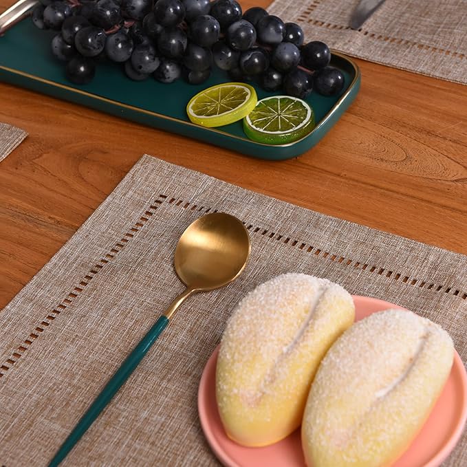 Tosewever Set of 6 Decorative Linen Placemats 12 x 18 Inches, Farmhouse Style Table Mats for Everyday Dining Wedding Party Holiday Home Decor (6 Pieces 12 x 18”, Light Coffee/Straight)