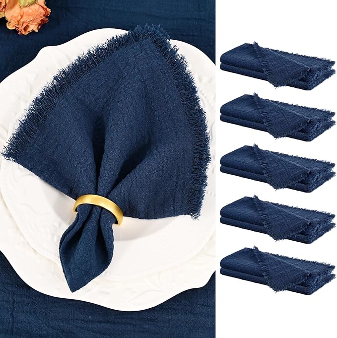 Showgeous 10 Pack Navy Blue Cloth Napkins with Fringe 16x16 inch 100% Cotton Blue Napkins Handmade Dinner Napkins Bulk Washable Soft Rustic Table Napkins for Wedding Parties Bridal Baby Shower