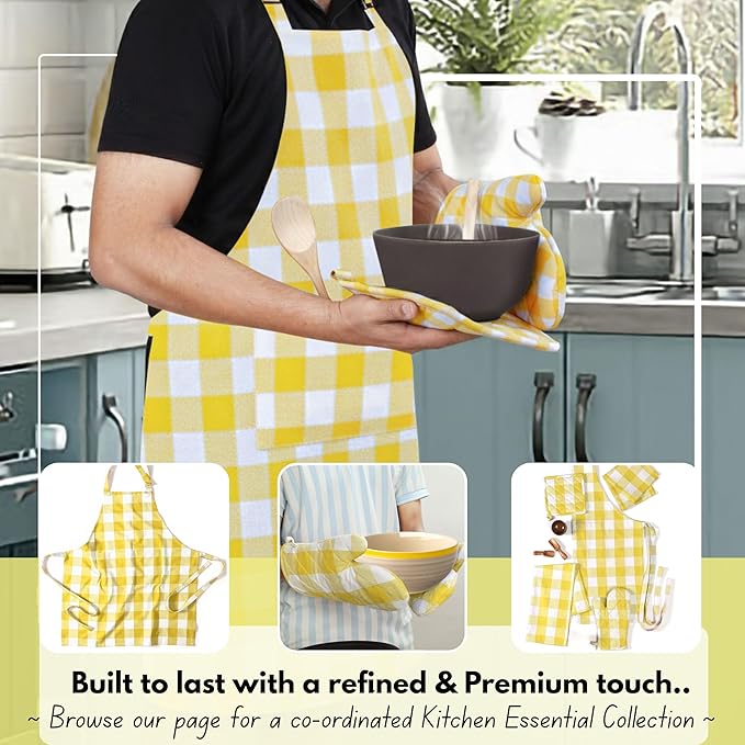 Native Fab Buffalo Plaid Check Oven Mitts and Pot Holders Set of 4, 100% Cotton Heat Resistant Kitchen Gloves, 2 Oven Mitts (7x13), 2 Pot Holders (8x8) for Cooking & Baking, Lemon Yellow White