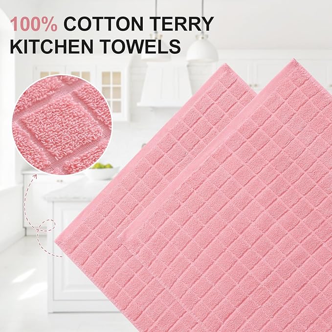 Homaxy Premium Cotton Kitchen Towels 16"x 28", Large Natural Ring Spun 390 GSM Dish Towels, Super Absorbent Terry Kitchen Hand Towels, Soft Tea Towels with Hanging Loop, Pure Pink Design, 6 Pack