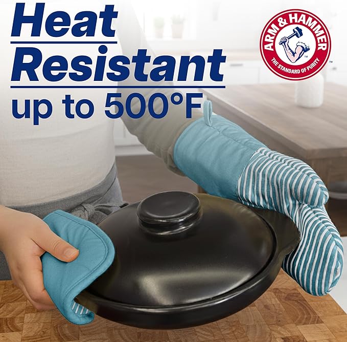 Arm & Hammer Striped Oven Mitts, Heat Resistant, Non-Slip Silicone Grip, 2 Pack, Teal