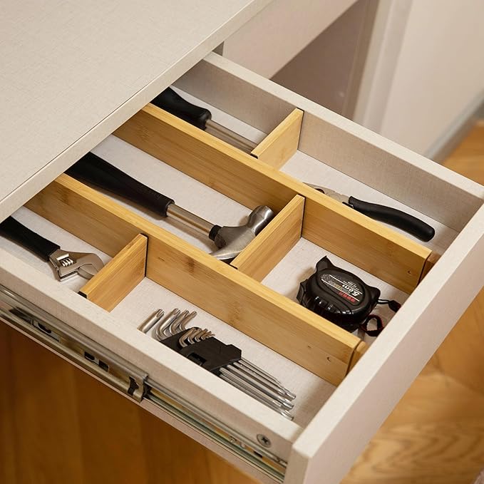 Basicwise Expandable & Adjustable Drawer Organizer with 4 Dividers & 4 Inserts Storage Solution for Home Office Dresser Desk Kitchen Bedroom Closet Separator for Socks Cutlery Clothes and Accessories