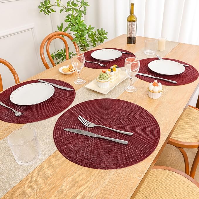 SHACOS Round Placemats Set of 8 for Dining Table 15 inch Round Braided Place Mats Cotton Polyester Washable Non Slip Kitchen Table Mats, Burgundy