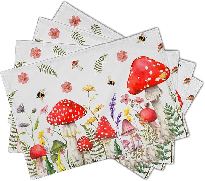 Mushroom Plants Placemats Set of 4，Rustic Wildflowers Heat Resistant Washable Place Mats 12x18 Inch Farmhouse Decor Table Mats for Party Kitchen Dining Indoor Outdoor