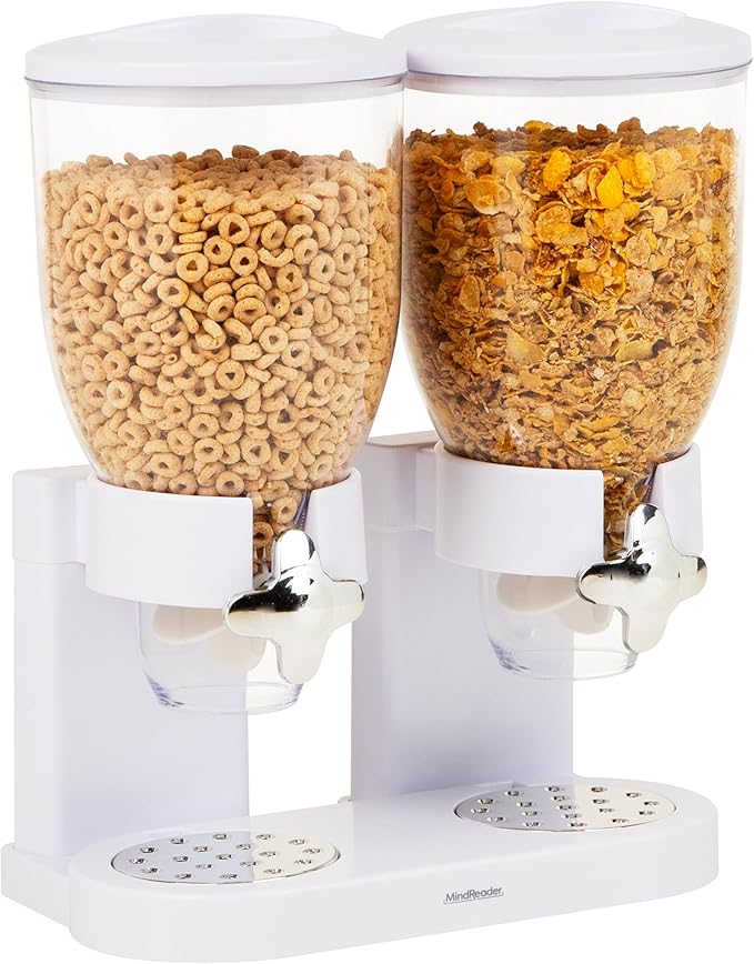 Mind Reader Double Cereal Dispenser for Countertop, 2 x 2L Airtight Containers, Rotating Dry Food Dispenser for Cereal, Rice, Candy, Coffee Beans, White