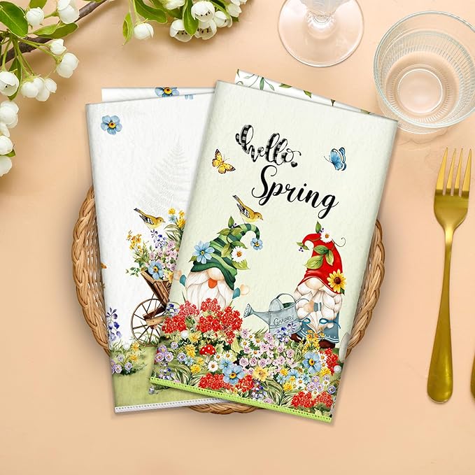 Spring Gnome Microfiber Kitchen Towels, Soft Absorbent Hand Towel 15.7 × 23.6 inch, Thick Dish Cloth for Party Anniversary Holiday Decoration, Housewarming Gifts for Mom