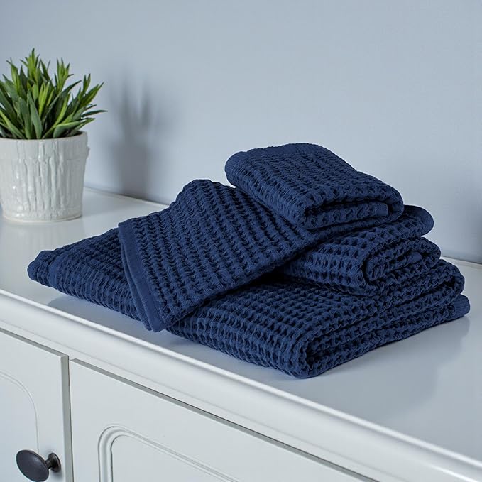 DEMMEX Organic Cotton Waffle Weave Turkish Bath Towel - Ultra Soft Lightweight Quick Dry, Oeko-Tex Certified, 100% Turkish Cotton (Navy Blue, Large (60x30))