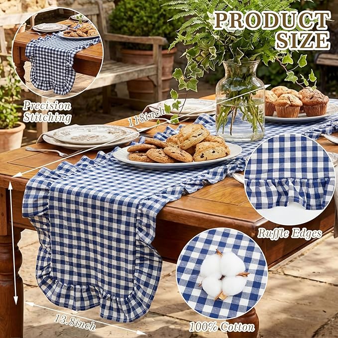 HunnmingRe 1 Pcs Navy Blue Plaid Gingham Ruffle Table Runner 118 x 13.8'' Farmhouse Table Runner 100% Cotton Scalloped Long Dresser Scarves for Dining Room, Wedding, Kitchen Rustic Home Decor