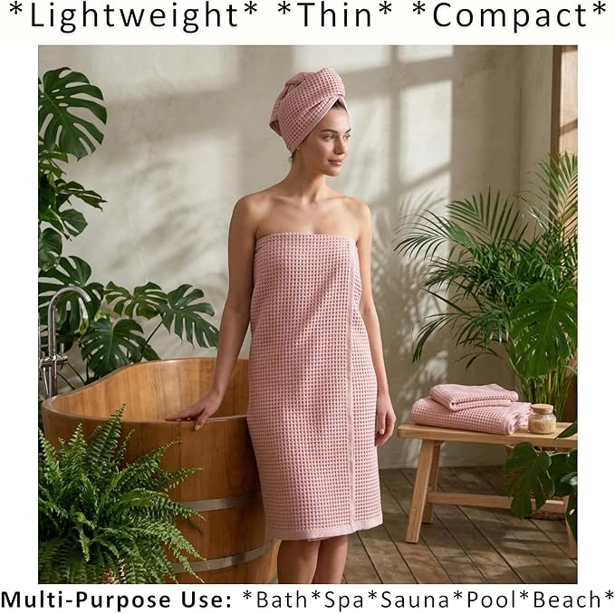 PÜSKÜL Natural 100% Turkish Cotton Waffle Bath Towels Set of 2-Piece | 32x63 inch Extra Large Absorbent Quick-Dry Lightweight Spa Towel | Luxury Sauna Accessories (Pink Powder Bath Towels - Pack of 2)