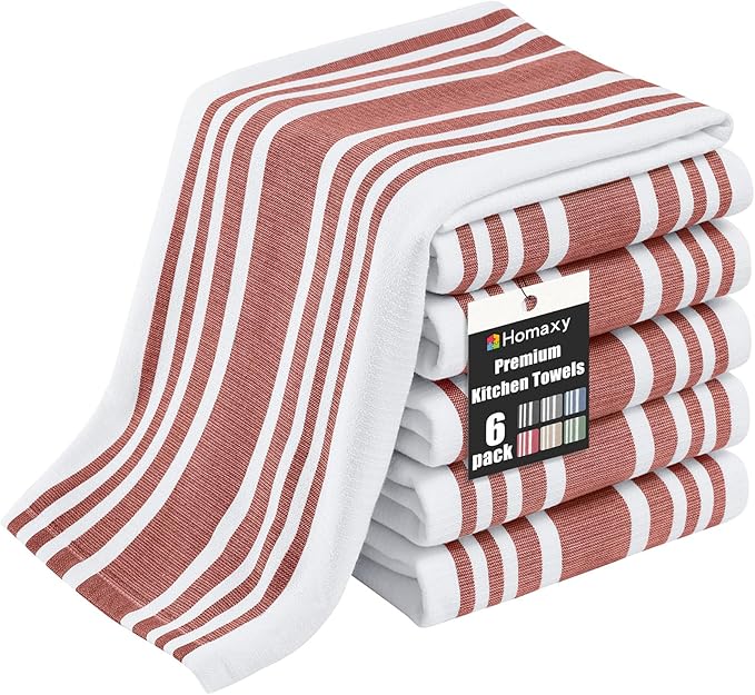 Homaxy Premium Kitchen Towels 18”x 28”, Large Cotton 380 GSM Kitchen Hand Towels, Stripe and Terry Dish Towel, Highly Absorbent Tea Towel Set with Hanging Loop, 6 Pack, Rust