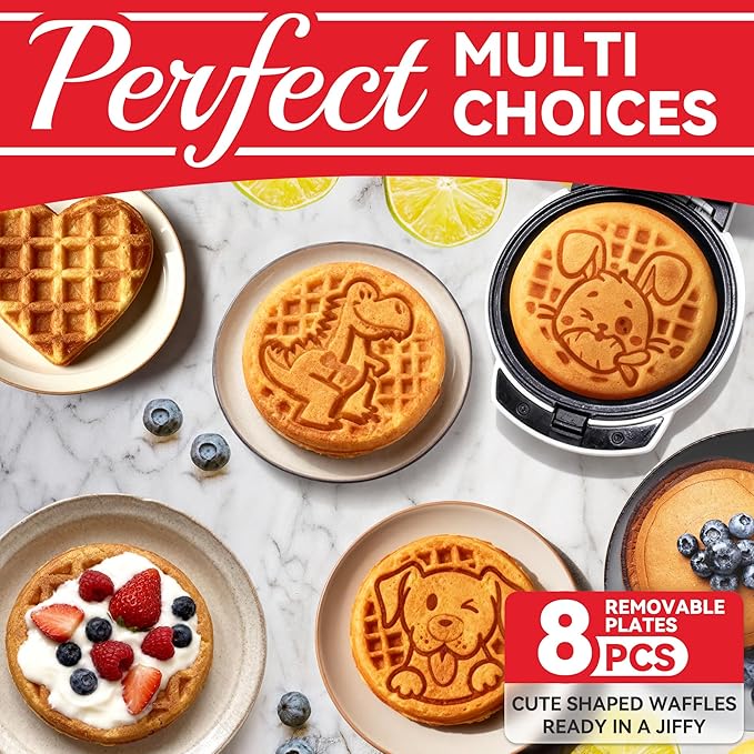 SugarWhisk 6-in-1 Mini Waffle Maker With Removable Plates, 4.5'' Mini Waffle Iron for Holidays, Parties & Events Waffle Maker Machine, 8 Plates with Premium Ceramic Coating, White