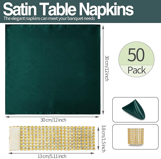 100 Pack Dark Green Satin Napkins and Napkin Rings Set, 12 x 12 Inch Silky Soft Cloth Napkins Set of 50, Square Satin Dinner Table Napkins Bulk for Wedding Banquet Graduation Party Decoration