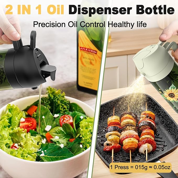 COOLMI Oil Sprayer for Cooking, 2 in 1 Olive Oil Dispenser Bottle Set for Kitchen, Food-Grade Glass Green Oil Vinegar Bottle Container - 16OZ/470ML Set of 2 (Black + Beige)