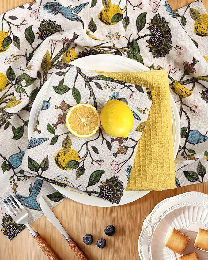 Miss Adola 3pcs Cotton Kitchen Towels - 270 GSM 15x25 Inch Terry Cloths Reusable Dish Cloths for Cleaning Absorbent Soft Hand Tea Towels with Hanging Loop for Housewarming Home Decor, Lemon Bird