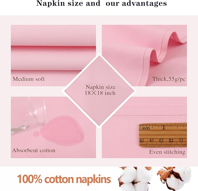Blush Pink Cloth Napkins Set of 12,18 x18 inch,100% Cotton Valentine Napkins for Dinner,Cute Table Decor, Soft Comfortable and Reusable(Pink)