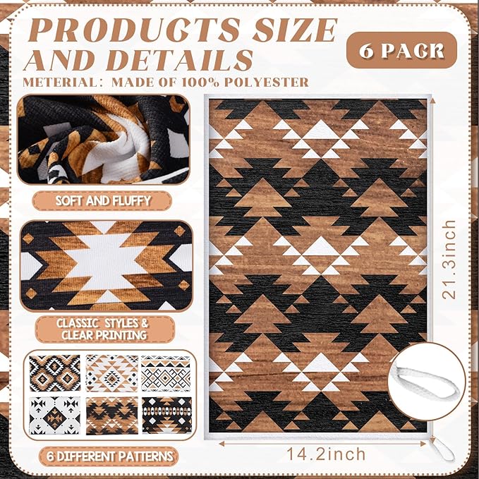Breling Set of 6 Western Aztec Kitchen Towels Vintage Themed Dish Towel Bathroom Decorative Rustic Cloths for Kitchen Bathroom Home Cooking Housewarming, 14 x 21 Inch