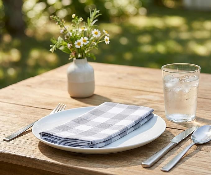 PurpleEssences Buffalo Plaid Cloth Napkins - Mitered Corners - Spring Easter Summer - Gingham Check Dinner Napkin - Set of 12-100% Cotton - 18x18 Inch - Reusable Washable - Grey and White