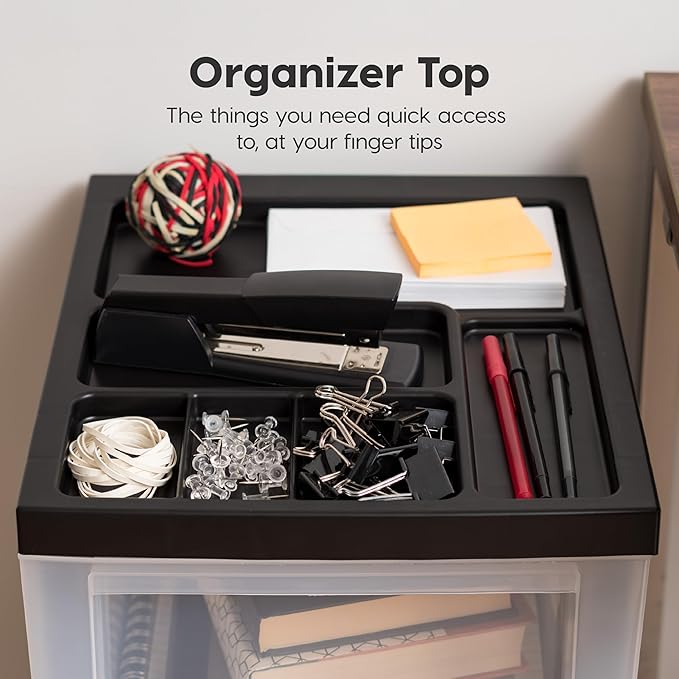 IRIS USA Plastic Drawer Storage Organizer Rolling Cart, with Wheels Casters, 3-Drawers, for Classroom Art Craft Supplies Dresser Closet Bathroom Laundry Room, Black/Clear