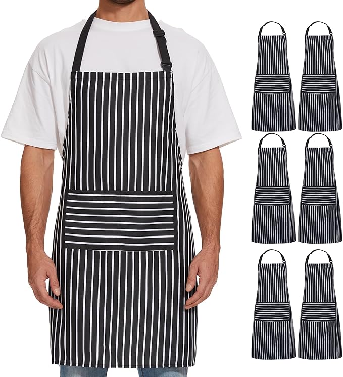 Will Well Kitchen Apron for Men and Women - 33" x 27" Oil-and-Water-Resistant with Adjustable Neck Strap and 38" Waist Ties for a Snug Fit, Lightweight with 2 Front Pockets - 6-Pack, Black