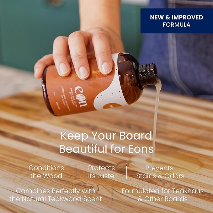 Teakhaus Carving Board and Cutting Board Oil Set - Includes Large (L) Wood Cutting Board with Grip Handles and EON Food Grade Mineral Oil - Knife-Friendly - FSC Certified