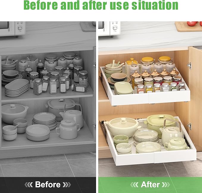 2 Pcs Pull Out Drawers for Cabinets Organizer Expandable Width(11.8"-19.4"), Depth(16.45"-21.7") With 3 Rails, No Drill Roll Out Drawer, Adhesive Sliding Drawers for Kitchen Pantry Storage Adjust