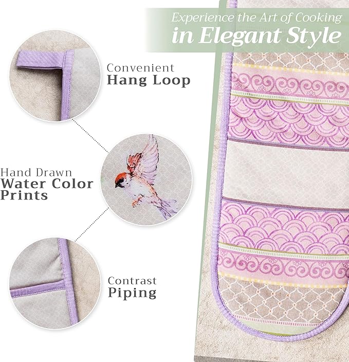 Maison d' Hermine Double Oven Mitts 100% Cotton 7"x35" Double Oven Mitt Heat Resistant BBQ Cooking Gloves with Loop Baking Grilling Gifts for Mothers Day Spring Summer (Magnolia Mornings)