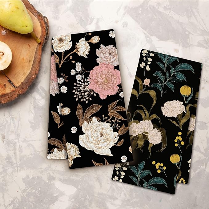 Dark Vintage Floral Kitchen Towels, Art Nouveau Flower Dish Towels Drying Cloth for Kitchen, Boho Cottagecore Botanical Decorative Hand Towel for Bathroom, 16x24 Inch Set of 2