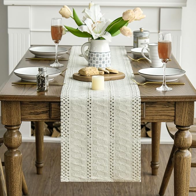 Artoid Mode Beige Farmhouse Woven Rustic Hollow Table Runner, Seasonal Holiday Hollow Kitchen Dining Table Decoration for Home Party Decor 12x48 Inch
