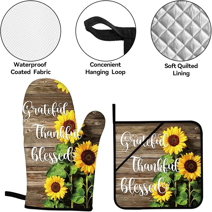Sunflower Oven Mitts and Pot Holders 4pcs Set Wood Board Rustic Oven Mitts Summer Floral Heat-Resistant Non- Slip Oven Gloves for BBQ Baking Grilling Kitchen (Blessed)