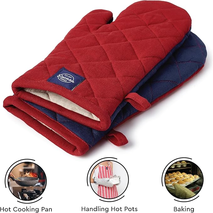 Encasa XO Heat Resistant Cotton Oven Gloves Mitts (2 Pc Set) - Quilted & Safe 12x6.6 in - for Kitchen, Cooking & Baking, Grilling, Handling Hot Pots & Pans - Red