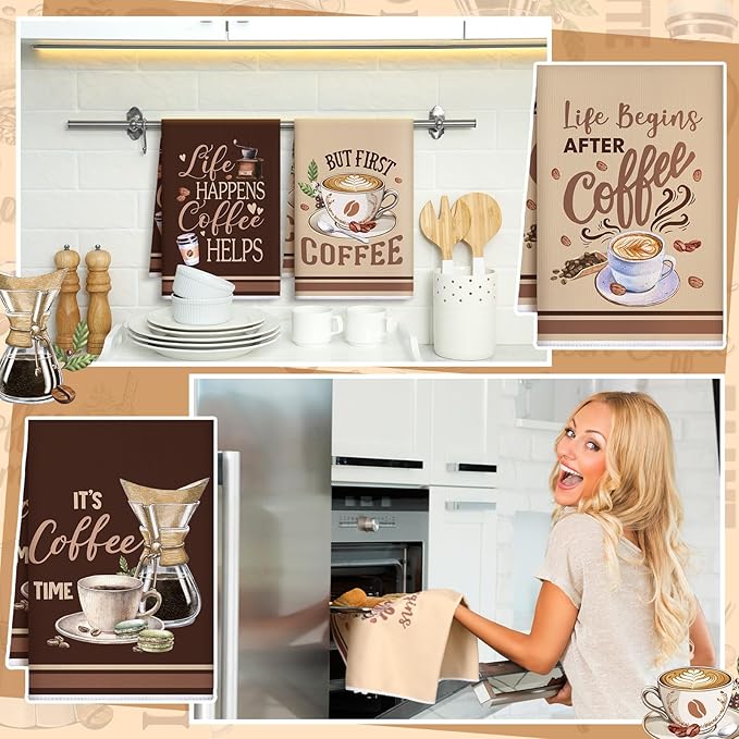 Bencailor 6 Pcs Coffee Kitchen Towels Decorative Sets Dish Towels Absorbent Fast Drying Hand Tea Vintage Hanging Reusable Cleaning Dishcloths for Cooking Farmhouse Bathroom Accessory