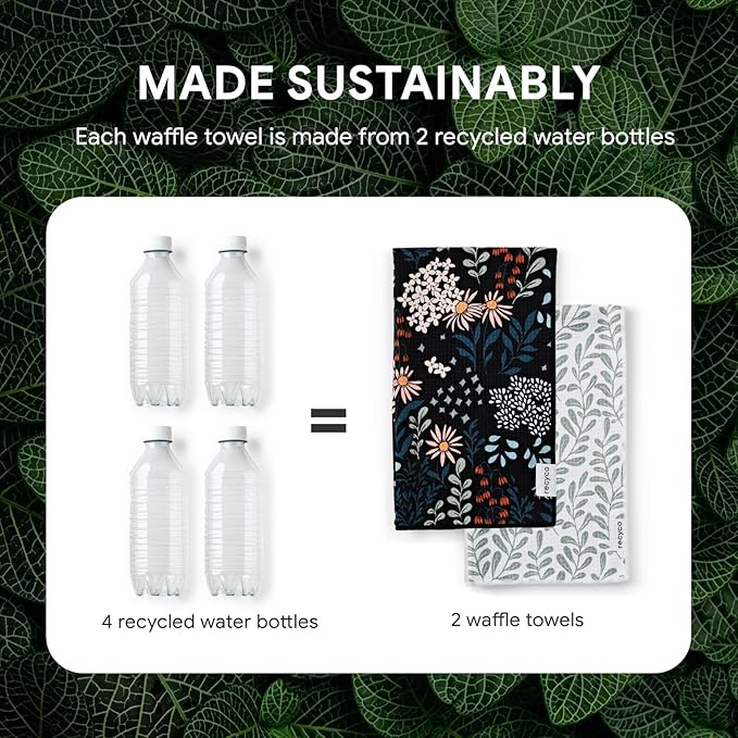 RECYCO Waffle Kitchen Towel Set of 2 - Quick Dry Microfiber Sustainable Dish Towels - Ultra Absorbent Reusable Cleaning Tea Towels - Lightweight Hand Towels,16”x 28”, Enchanted Bloom