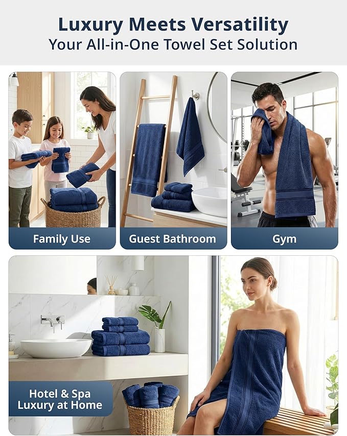 LANE LINEN 100% Mercerized Cotton Towels Set 12 – Zero Twist, 4 Bath Towels, 4 Hand Towel & 4 Washcloths, Stays Plush After Washes, Ideal for Spa, Hotel & Family Bathrooms, Highly Absorbent – Navy