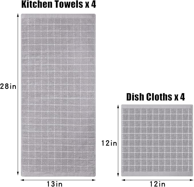 Homaxy Kitchen Towels and Dishcloths Set, 12 x 12 and 13 x 28 Inches, Set of 8 Bulk Cotton Terry Kitchen Towels Set, Checkered Designed, Soft and Super Absorbent Dish Towels, Light Grey
