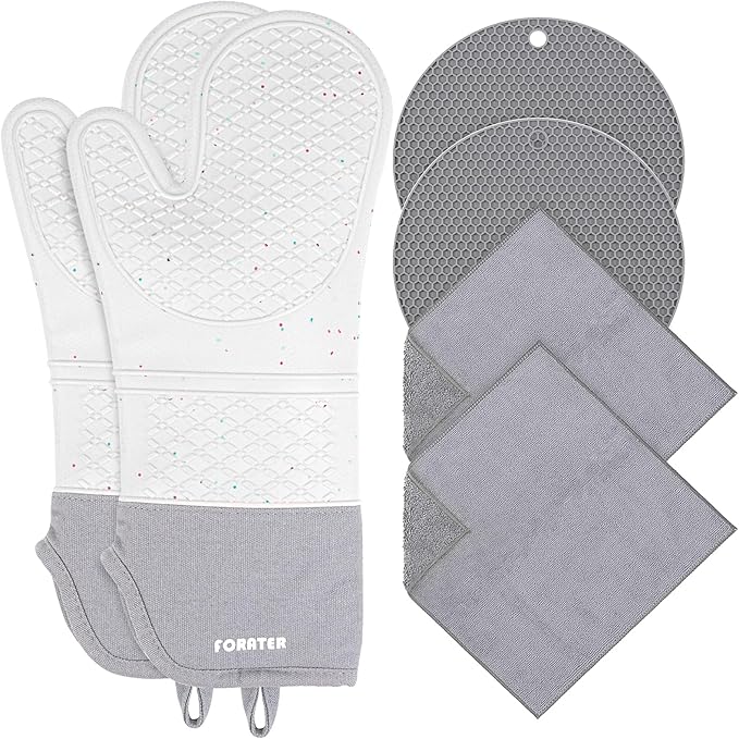 Extra Long Oven Mitts and Potholders 6Pcs Set, 500°F Heat Resistant Kitchen Oven Gloves 15'' Oven Mitts with Non-Slip Silicone Surface Soft Cotton Lining for Cooking, Baking and Grilling - Light Grey