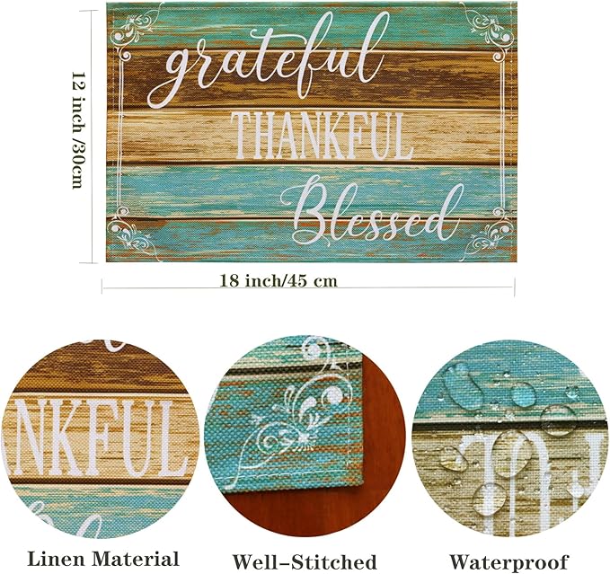 Farmhouse Placemats Set of 6 Thanksgiving Dining Table Placemats Rustic Teal Cloth Place Mats - Linen Washable Wipeable Heat Resistant Decorative Table Mats for Kitchen Coffee Dinner