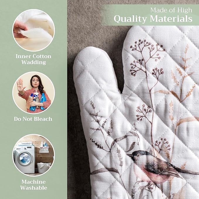 Maison d'Hermine Oven Gloves 100% Cotton Oven Mitt 7" x 13" with Loop Heat Resistant BBQ Cooking Gloves Baking Grilling Gifts for Mothers Day Spring/Summer (Pack of 1, Meadow Florals - Brown)