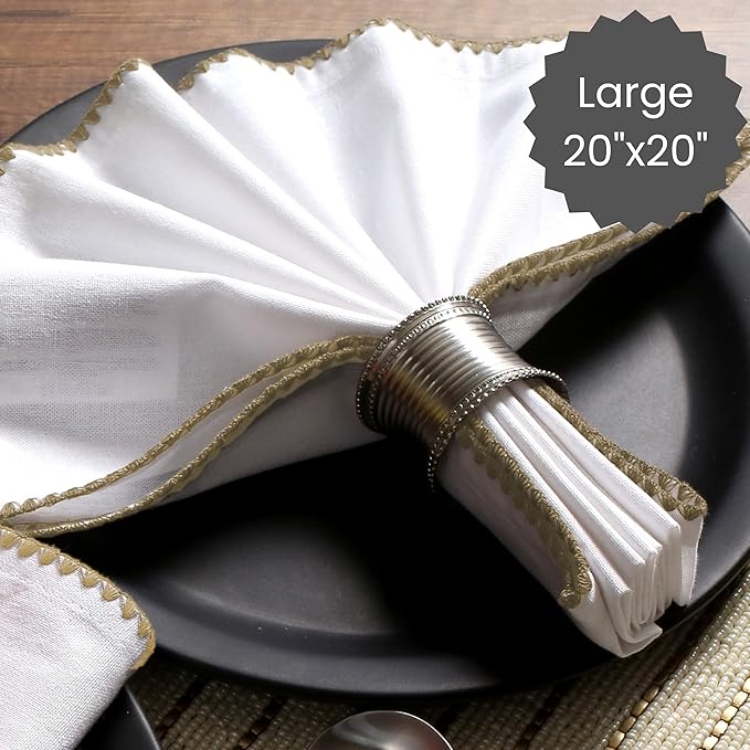 Cotton Clinic Cloth Napkins with Trim - Everyday Use Table Dinner Napkins - Soft Durable Washable - Ideal for Dinner Party Wedding Christmas Easter - Set of 12-20x20 inches Beige White Napkins