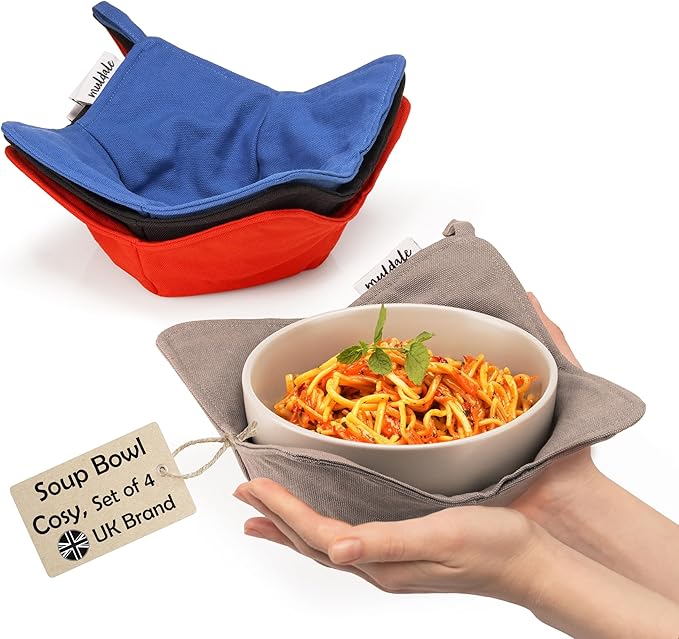 Muldale Microwave Bowl Cozy Holders for Hot Soup – Set of 4 All-Cotton Huggers, Heat-Resistant Hot Bowl Holders, Machine Washable Dish Cozies