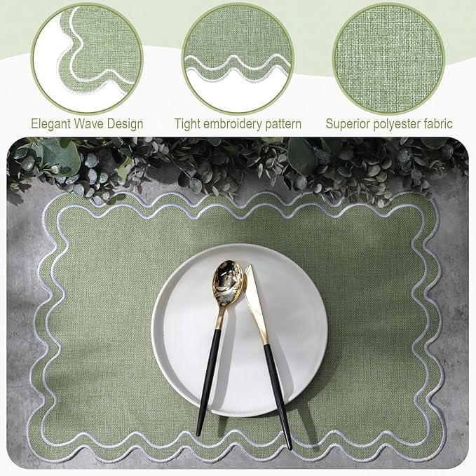 Linen Placemats Set of 12 Scalloped Placemat 13 X19 Wavy Embroidery Double Layered Washable Farmhouse Dinner Fabric Table Mat Napkin for Wedding Party Christmas Hotel Restaurant(Sage Green)