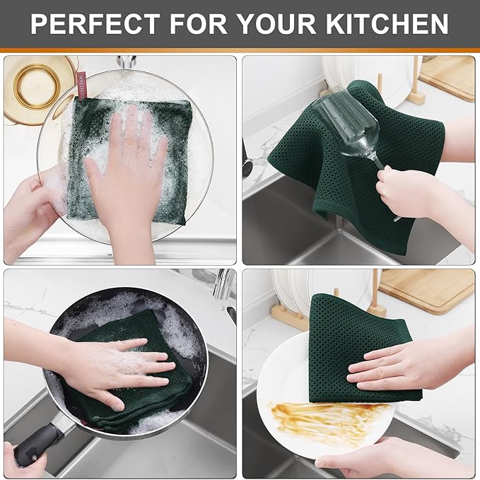 Kitinjoy 100% Cotton Kitchen Dish Cloths (12 X 12 Inches, Blackish Green), 8 Pack Waffle Weave Ultra Soft Absorbent Dish Towels for Drying Dishes Quick Drying Kitchen Towels Dish Rags