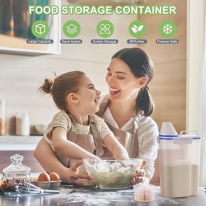 2 Pcs 5.5Lbs Rice Dispenser Storage Containers, Rice Container with Measuring Cup & Pour Spout, Kitchen Plastic Airtight Container for Cereal, Grain, Flour, Sugar, Oatmeal, Dry Pet Dog Food